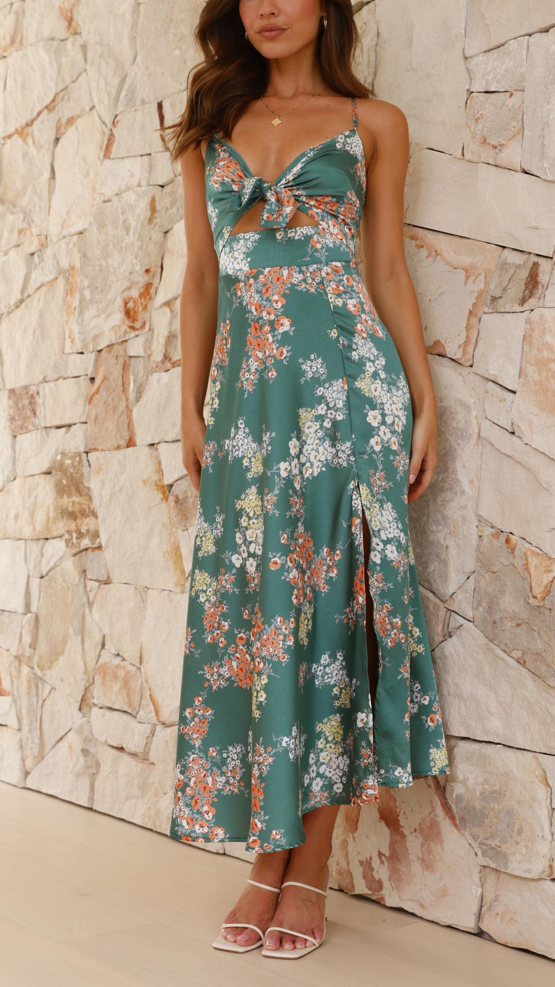 Aisha | Satin Floral Cut-out Midi Dress