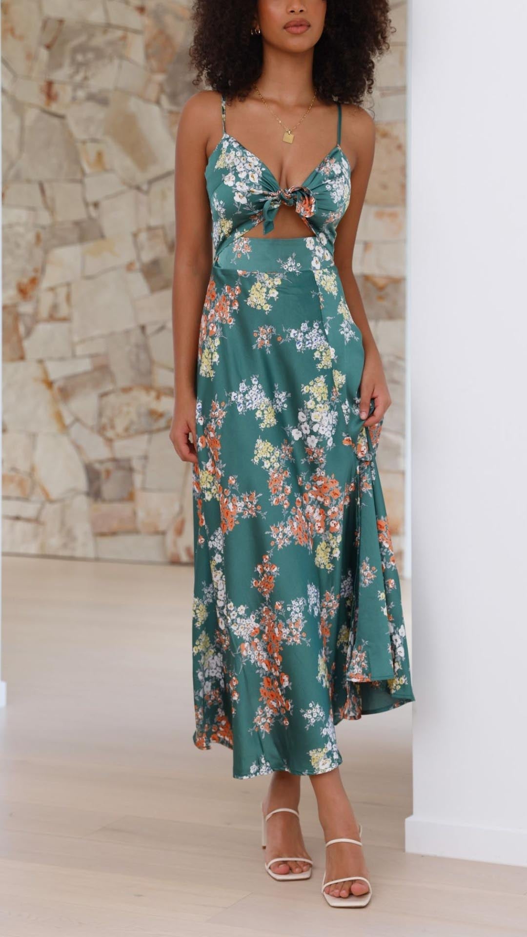 Aisha | Satin Floral Cut-out Midi Dress