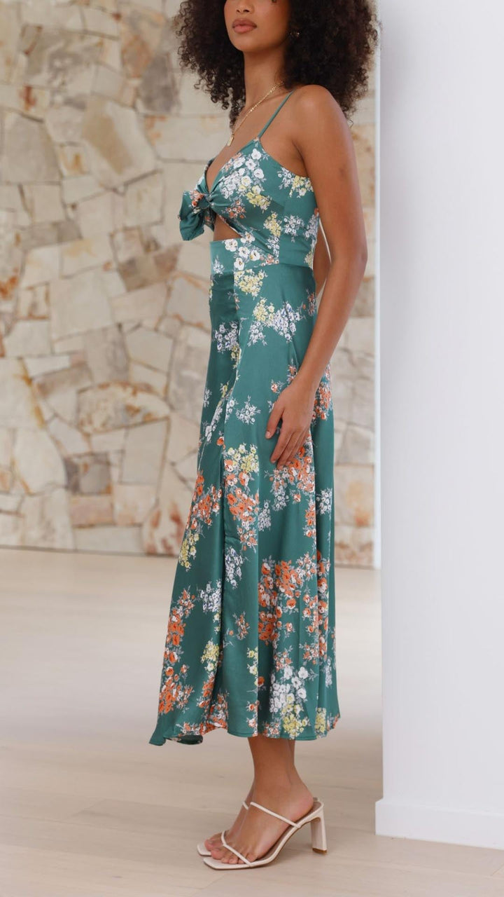 Aisha | Satin Floral Cut-out Midi Dress